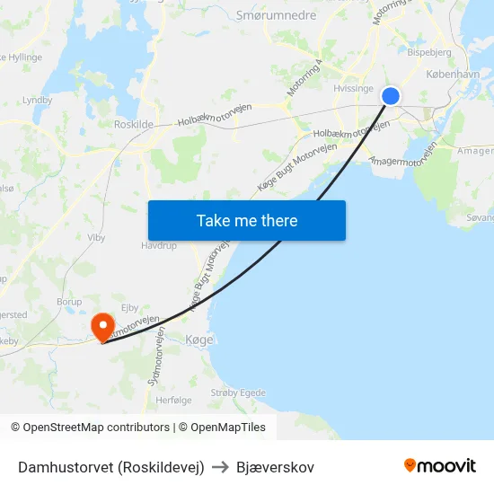 Damhustorvet (Roskildevej) to Bjæverskov map