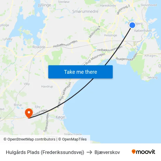 Hulgårds Plads (Frederikssundsvej) to Bjæverskov map