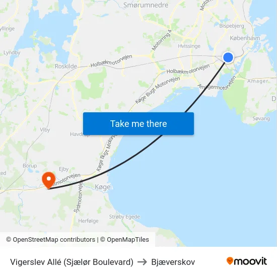 Vigerslev Allé (Sjælør Boulevard) to Bjæverskov map