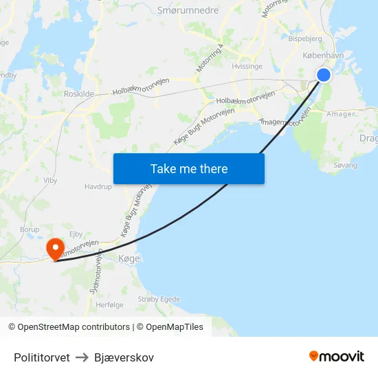 Polititorvet to Bjæverskov map