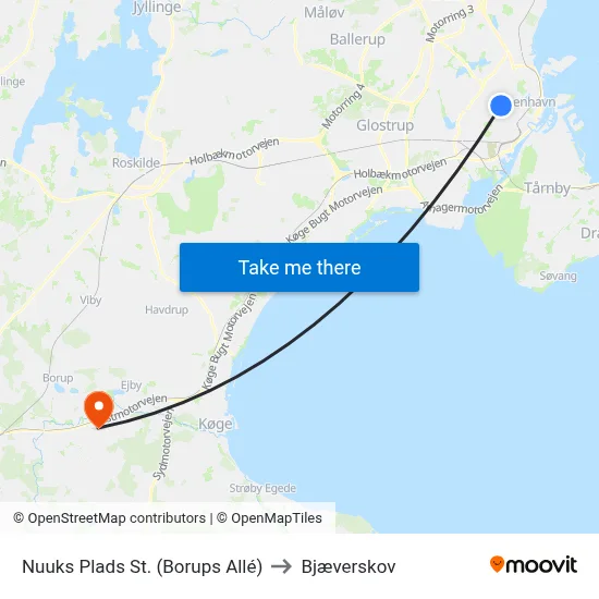 Nuuks Plads St. (Borups Allé) to Bjæverskov map