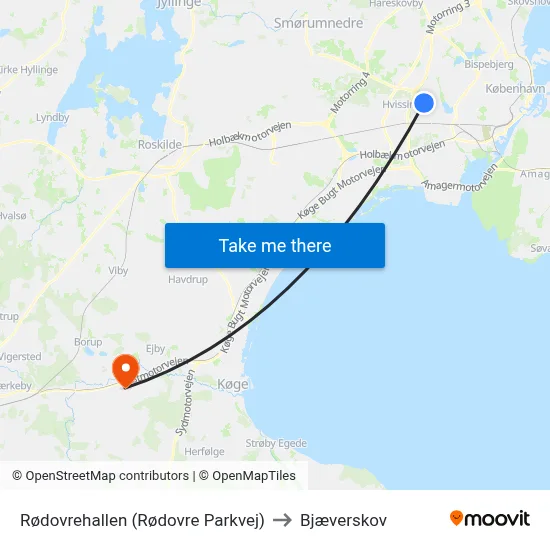 Rødovrehallen (Rødovre Parkvej) to Bjæverskov map