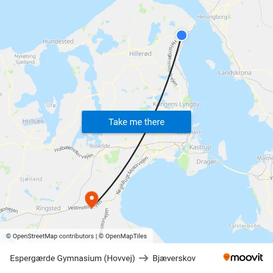 Espergærde Gymnasium (Hovvej) to Bjæverskov map