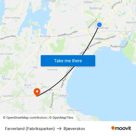 Farverland (Fabriksparken) to Bjæverskov map