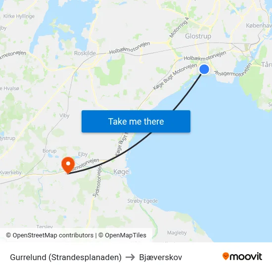 Gurrelund (Strandesplanaden) to Bjæverskov map