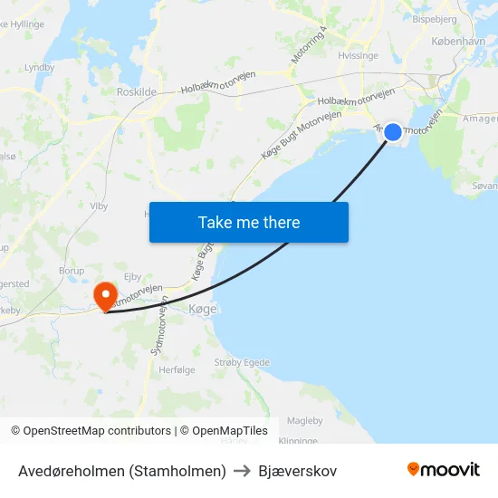 Avedøreholmen (Stamholmen) to Bjæverskov map