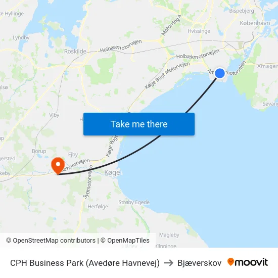CPH Business Park (Avedøre Havnevej) to Bjæverskov map
