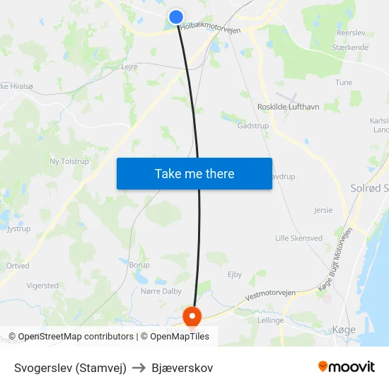 Svogerslev (Stamvej) to Bjæverskov map