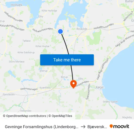 Gevninge Forsamlingshus (Lindenborgvej) to Bjæverskov map