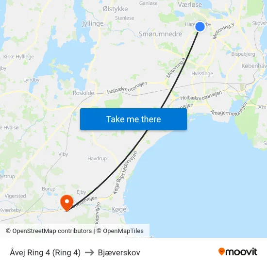 Åvej Ring 4 (Ring 4) to Bjæverskov map
