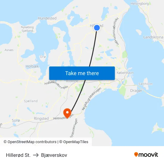 Hillerød St. to Bjæverskov map