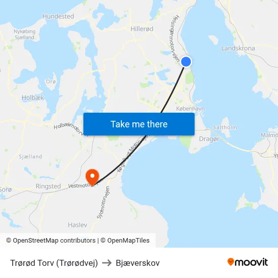Trørød Torv (Trørødvej) to Bjæverskov map