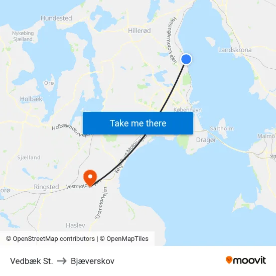 Vedbæk St. to Bjæverskov map