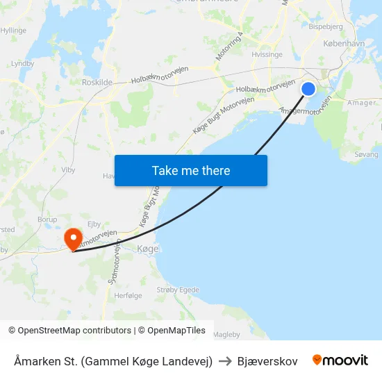 Åmarken St. (Gammel Køge Landevej) to Bjæverskov map