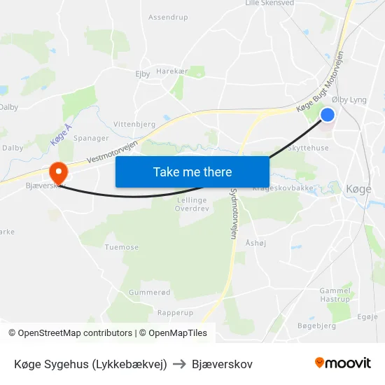 Køge Sygehus (Lykkebækvej) to Bjæverskov map