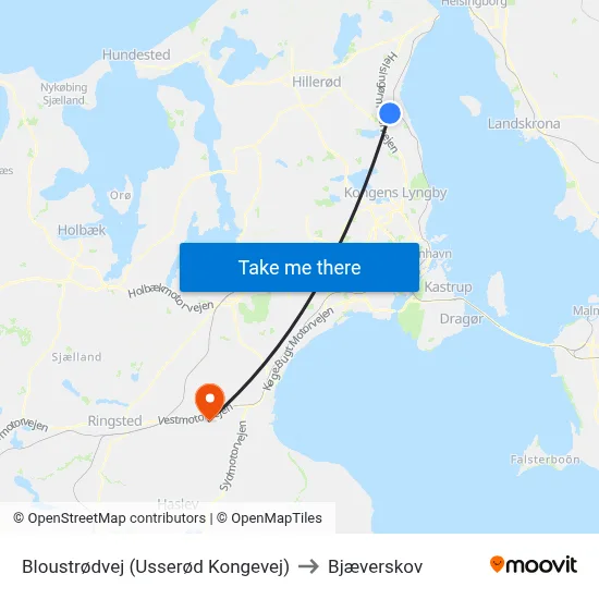 Bloustrødvej (Usserød Kongevej) to Bjæverskov map
