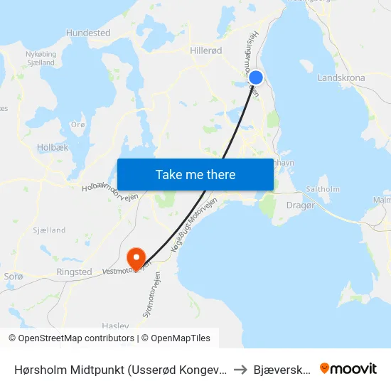 Hørsholm Midtpunkt (Usserød Kongevej) to Bjæverskov map