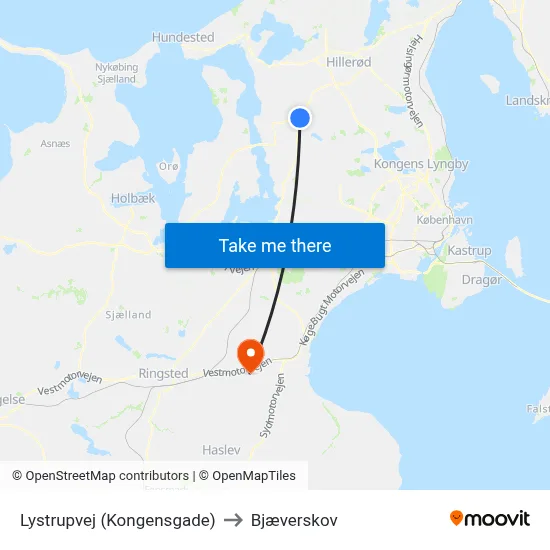 Lystrupvej (Kongensgade) to Bjæverskov map