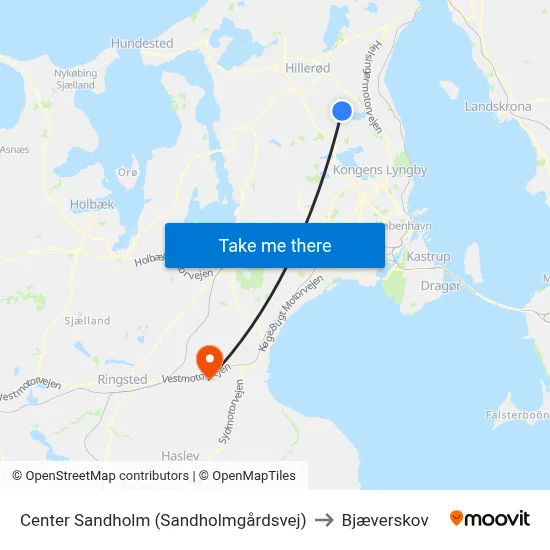 Center Sandholm (Sandholmgårdsvej) to Bjæverskov map