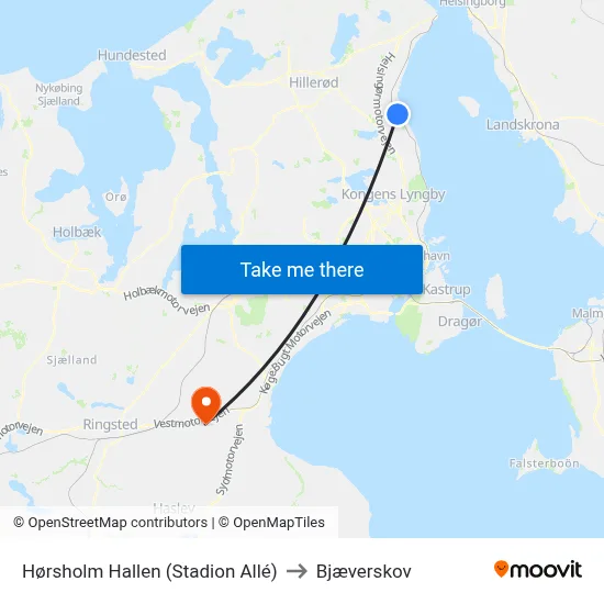 Hørsholm Hallen (Stadion Allé) to Bjæverskov map