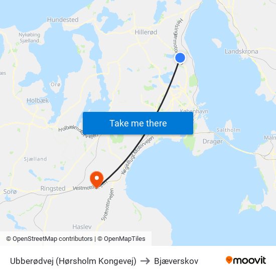 Ubberødvej (Hørsholm Kongevej) to Bjæverskov map