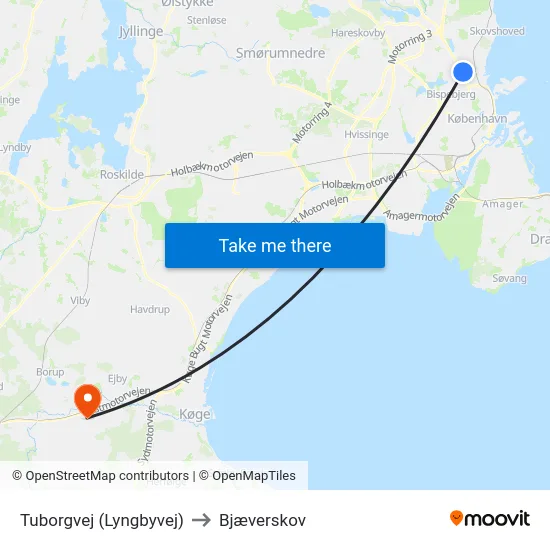 Tuborgvej (Lyngbyvej) to Bjæverskov map