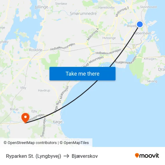 Ryparken St. (Lyngbyvej) to Bjæverskov map