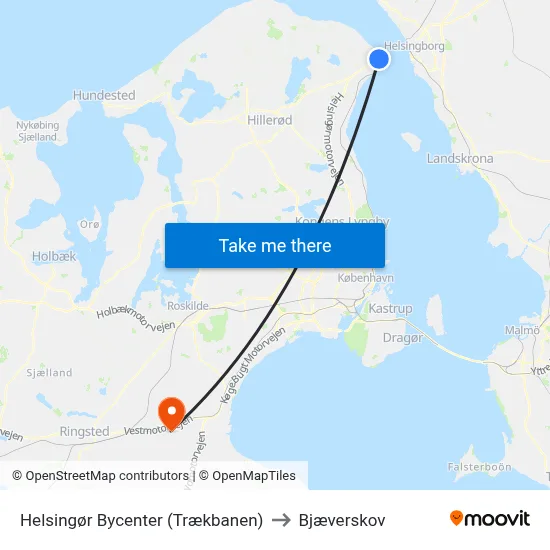 Helsingør Bycenter (Trækbanen) to Bjæverskov map