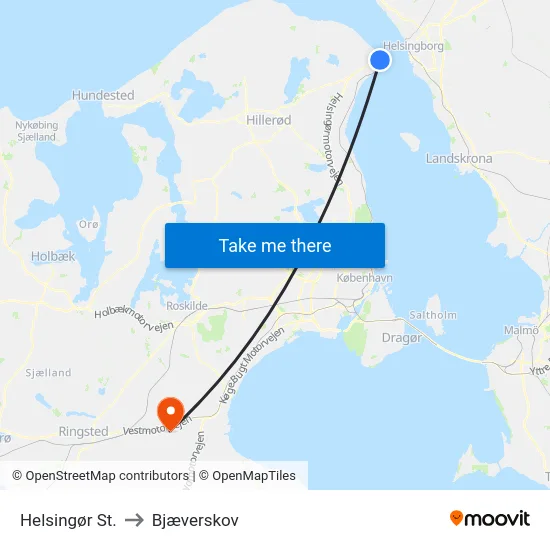 Helsingør St. to Bjæverskov map