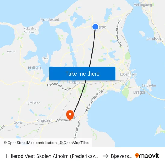 Hillerød Vest Skolen Ålholm (Frederiksværksgade) to Bjæverskov map