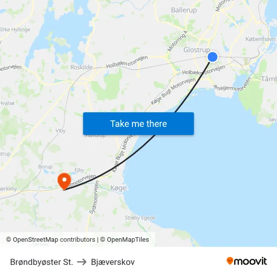 Brøndbyøster St. to Bjæverskov map