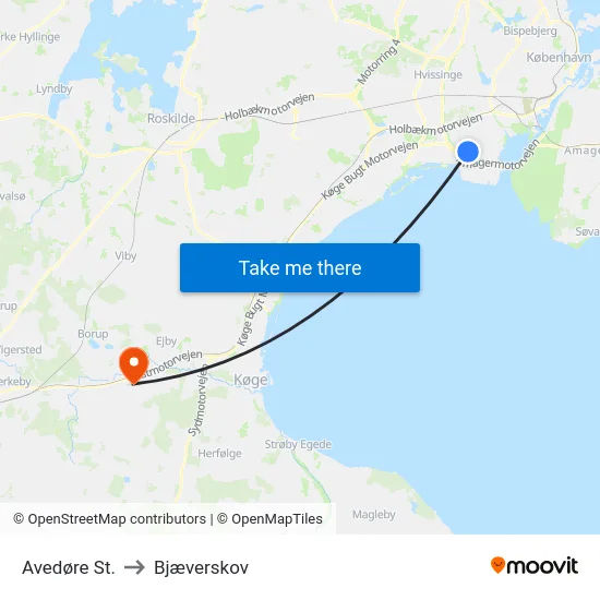 Avedøre St. to Bjæverskov map