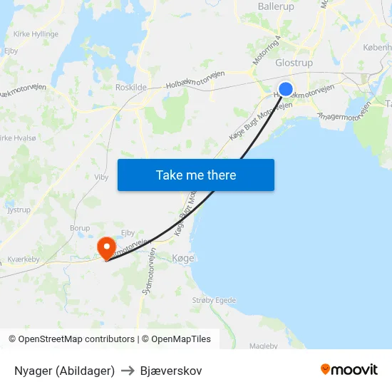 Nyager (Abildager) to Bjæverskov map
