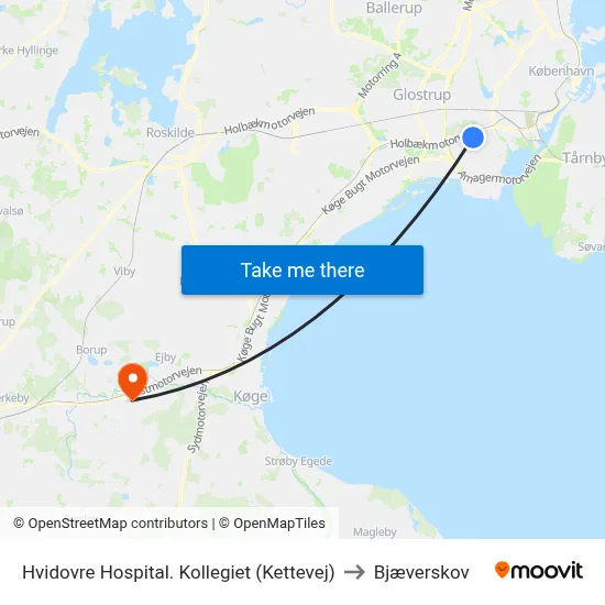 Hvidovre Hospital. Kollegiet (Kettevej) to Bjæverskov map