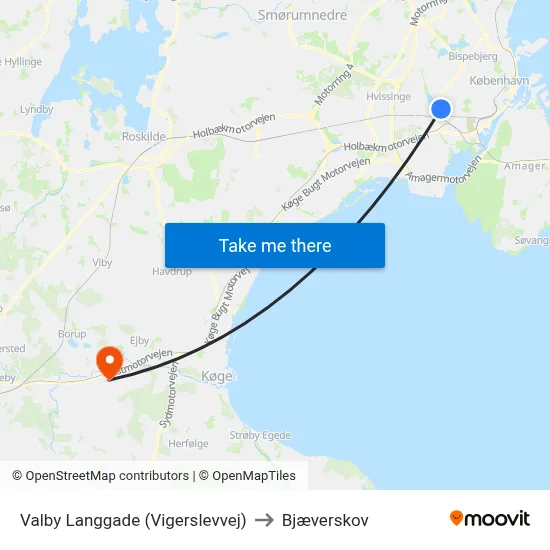Valby Langgade (Vigerslevvej) to Bjæverskov map