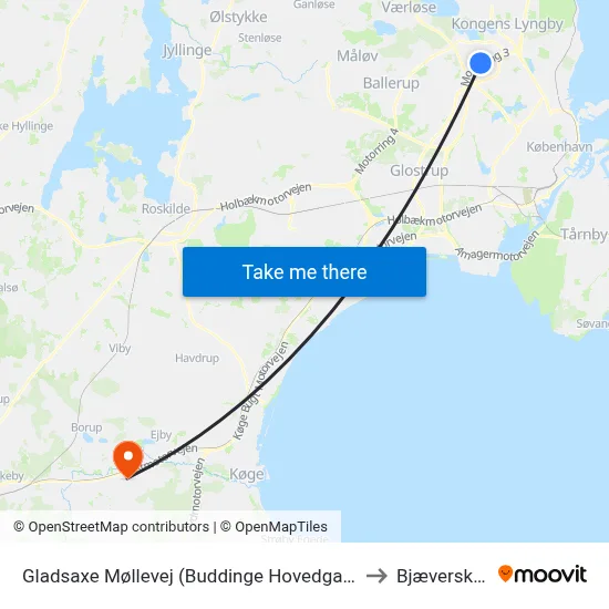 Gladsaxe Møllevej (Buddinge Hovedgade) to Bjæverskov map
