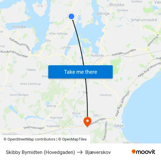 Skibby Bymidten (Hovedgaden) to Bjæverskov map