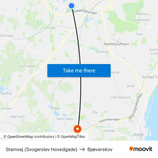 Stamvej (Svogerslev Hovedgade) to Bjæverskov map