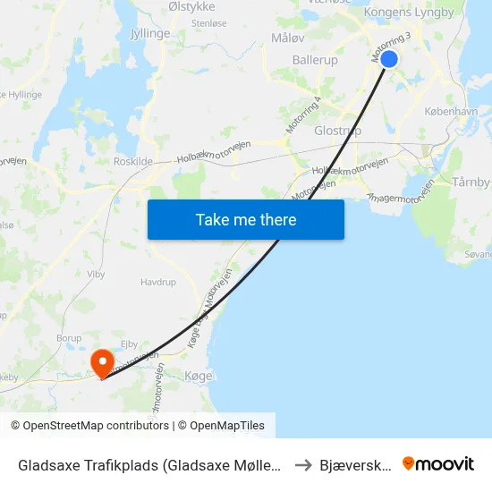 Gladsaxe Trafikplads (Gladsaxe Møllevej) to Bjæverskov map