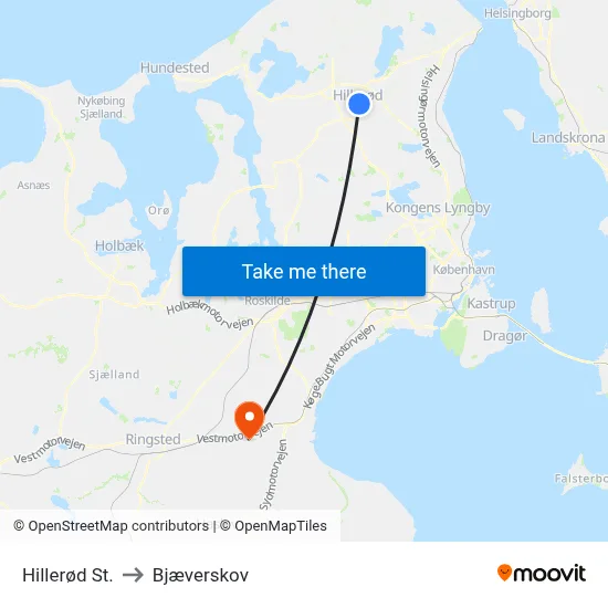 Hillerød St. to Bjæverskov map