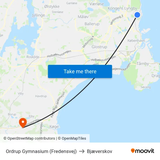 Ordrup Gymnasium (Fredensvej) to Bjæverskov map