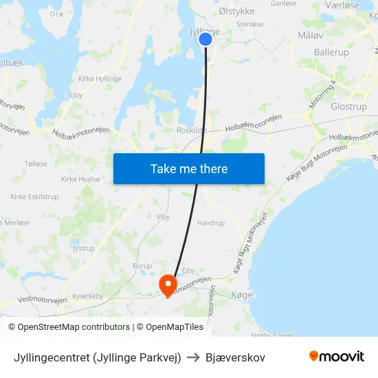 Jyllingecentret (Jyllinge Parkvej) to Bjæverskov map