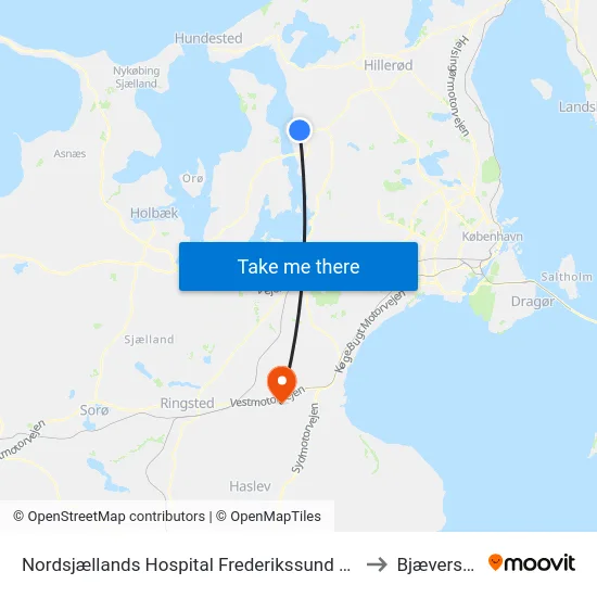 Nordsjællands Hospital Frederikssund Kapellet to Bjæverskov map