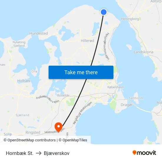 Hornbæk St. to Bjæverskov map