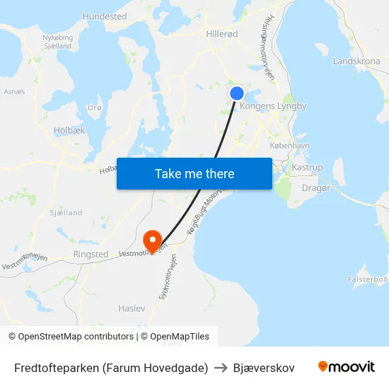 Fredtofteparken (Farum Hovedgade) to Bjæverskov map