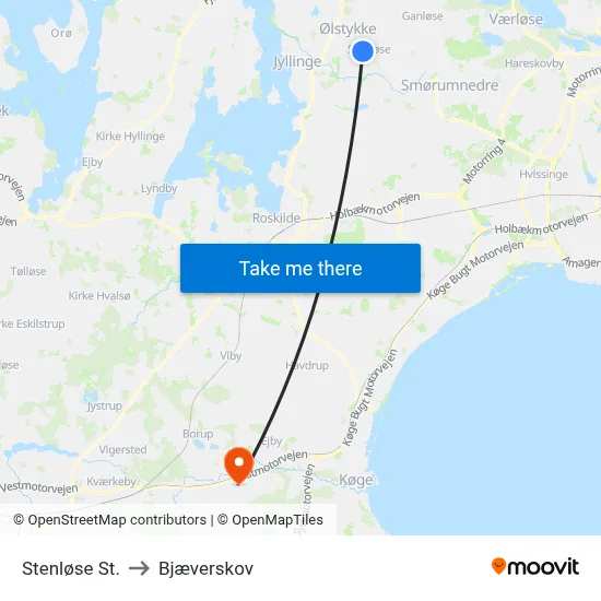 Stenløse St. to Bjæverskov map