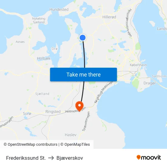 Frederikssund St. to Bjæverskov map