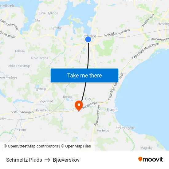 Schmeltz Plads to Bjæverskov map