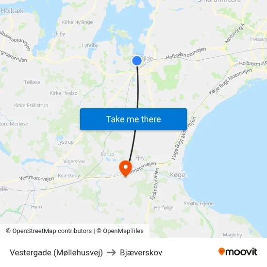 Vestergade (Møllehusvej) to Bjæverskov map