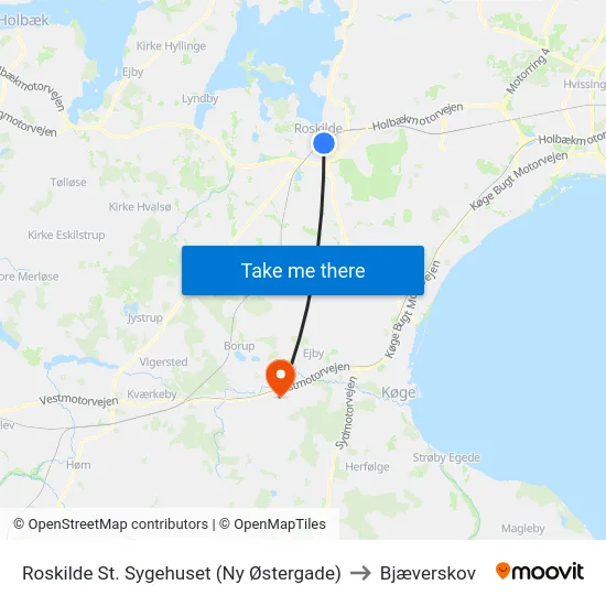 Roskilde St. Sygehuset (Ny Østergade) to Bjæverskov map